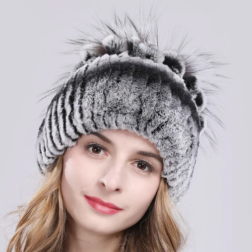 Women Natural Real Rex Rabbit Fur Beanies Hats Winter Warm Knitted Rex Rabbit Fur Caps New Female With Fox Fur Skullies Hat - Цвет: color 13