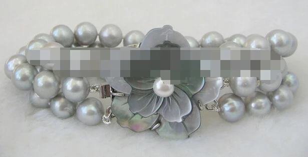 

FREE SHIPPING>>>@@ > 10740 3row gray round freshwater pearl bracelet-shell clasp
