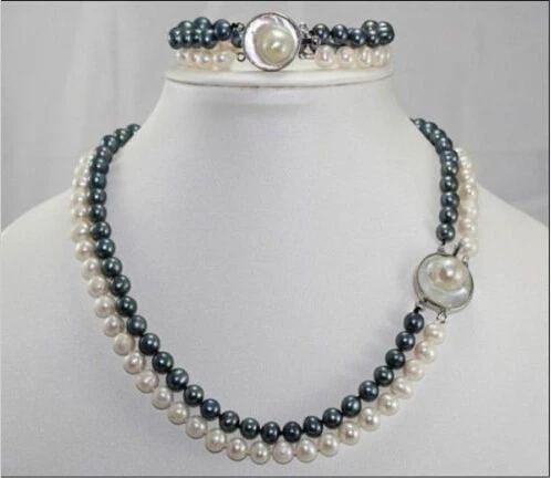 

NEW 2 ROW 8-9MM AAA SOUTH SEA White black Pearl Necklace 18 "+ Bracelet 7.5 " (A0423)