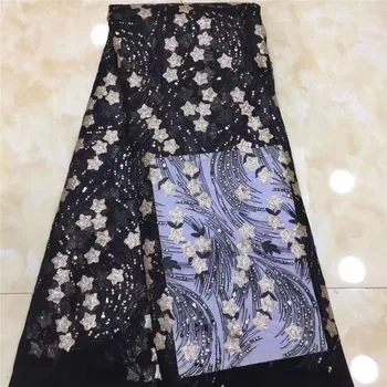 

African Embroidery Sequin Lace Fabric Nigerian High Quality French Lace 2019 Black And Gold African Lace Fabric With Sequence