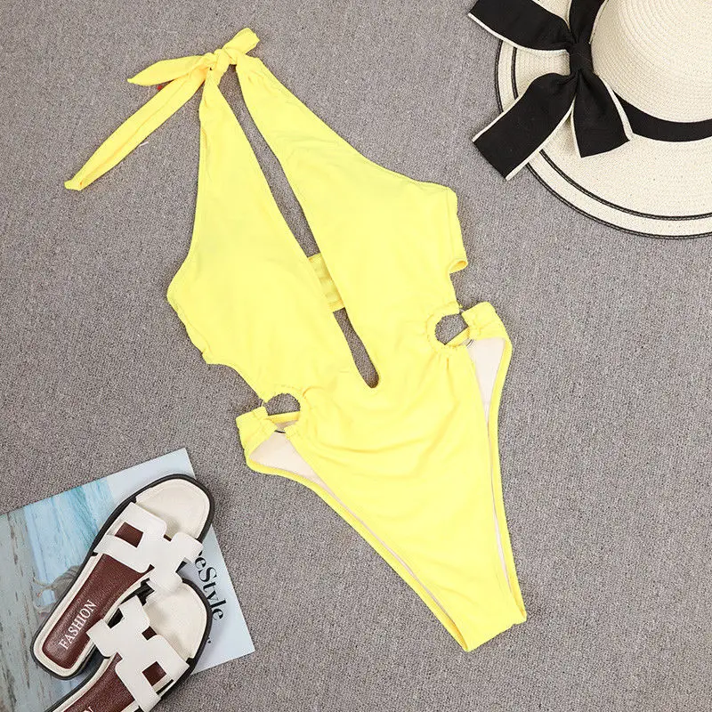 Hirigin, сексуальный женский бандажный купальник, цельный женский купальник, чистый цвет, Холтер, бандаж, мягкий женский купальник, пляжная одежда - Цвет: B Yellow