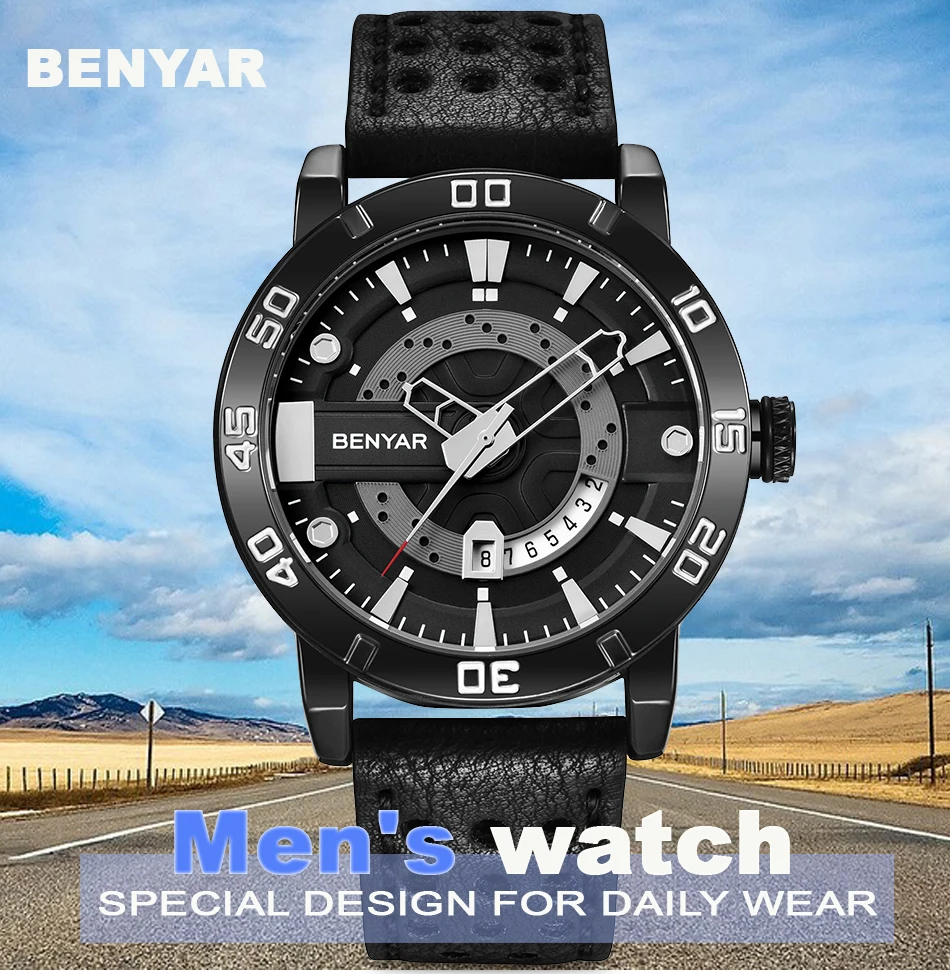 Benyar Роскошные брендовые кварцевые мужские часы водонепроницаемые военные кожаные мужские часы Erkek Kol Saati Relogio