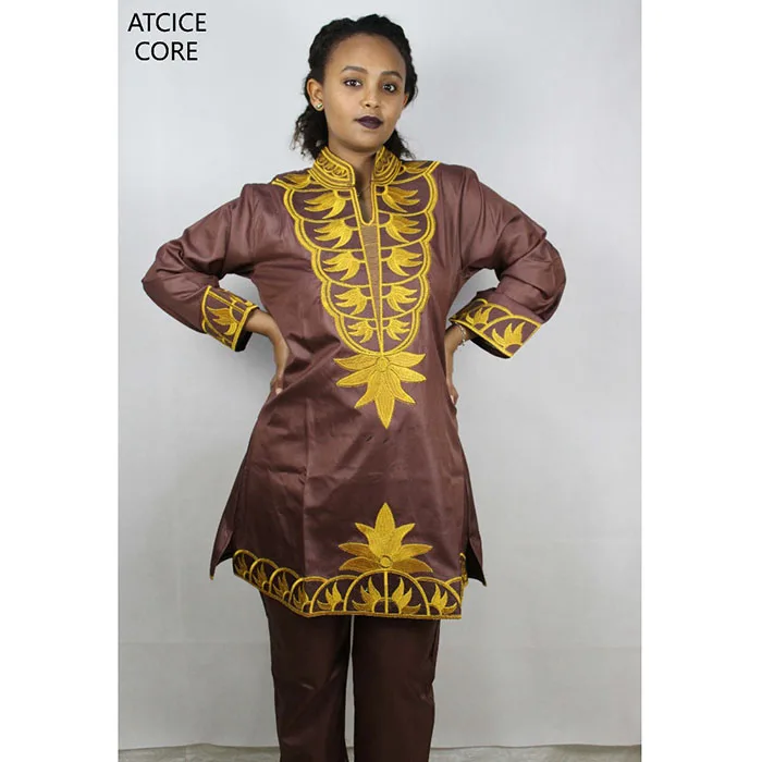 Африканский Базен вышивка дизайн платья Топ с брюками африканская одежда DP80 - Цвет: Коричневый