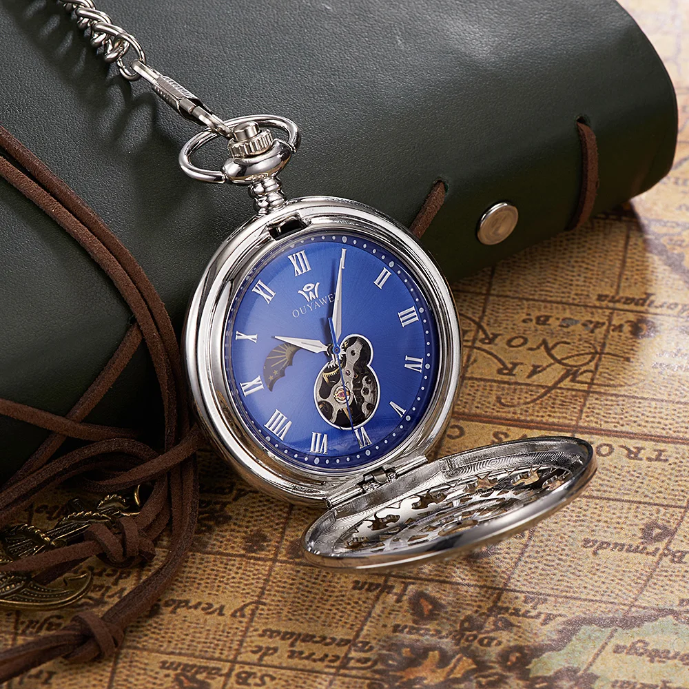 

New OUYAWEI Black Silver Hand Winding Mechanical Steampunk Watches Blue Skeleton Dial Steel necklace pendant Pocket Chain Watch