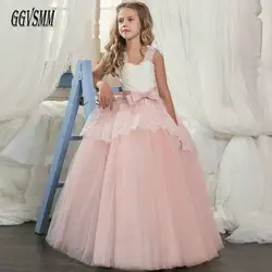 Модный розовый цветок платье для девочек 2018 Вечернее Длинное нарядное платье Милая тюлевый кружевной накладной орнамент молния дешевые