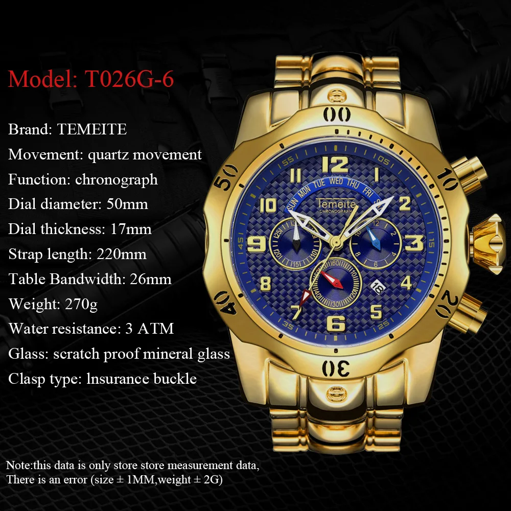 Роскошные мужские золотые часы многофункциональные мужские часы с большим циферблатом TEMEITE Брендовые мужские наручные часы водонепроницаемые мужские часы из нержавеющей стали