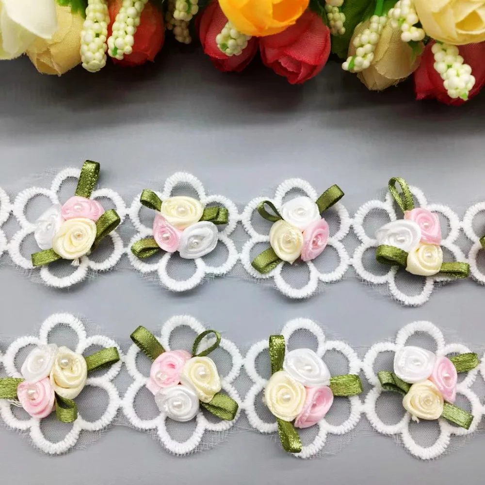 

2 Yard Tricolor flower heart Pearl Lace Edge Trim Chiffon Ribbon Fabric Embroidered Applique Baby Sewing Craft Dress DIY Wedding