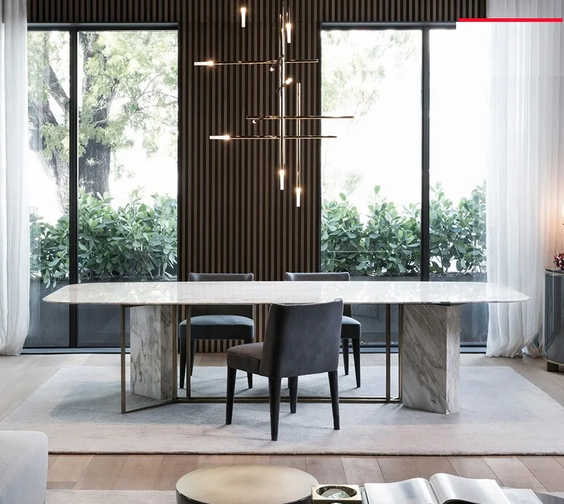

75cm High Marble Dinner Table with Metal Feet / 200x100cm Marble Tabletop / 8 Chairs Included