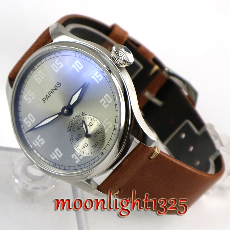 

Luxury Brand Parnis 44mm Gray Dial Stainless steel Polished Case 17 Jewels 6498 Hand Winding movement men's Watch