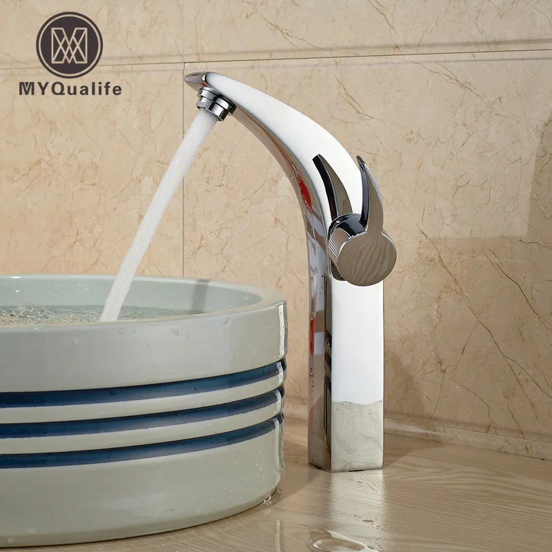 

Luxury Curve Shape Bathroom Basin Vanity Sink Faucet Deck Mount Countertop Hot Cold Water Taps Crome Finish