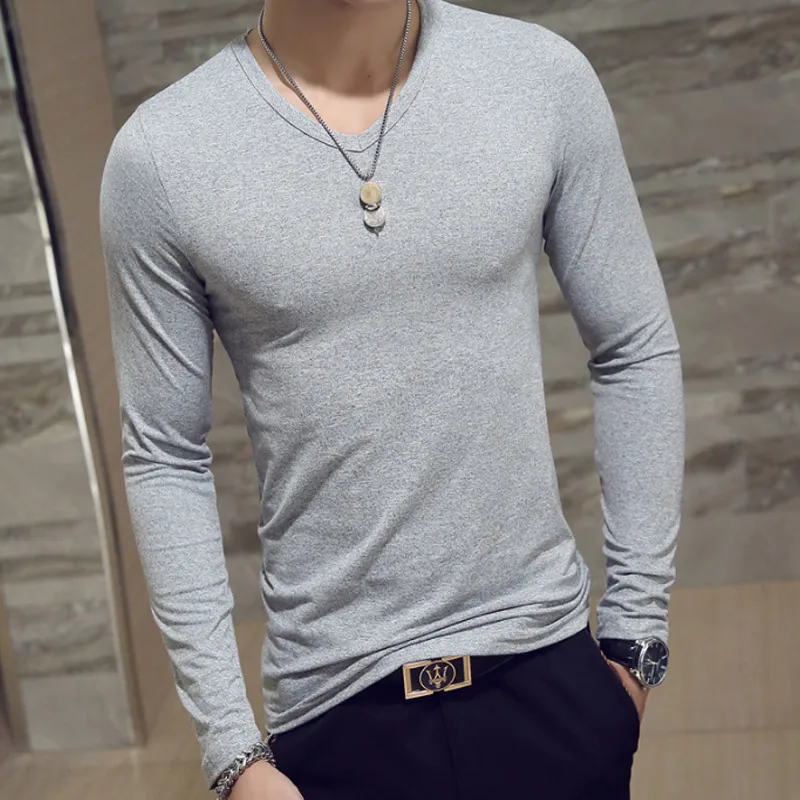 Мужские осенние футболки с длинными рукавами, пуловер с v-образным вырезом, приталенный Повседневный минималистичный Мужской Топ, NGD88 - Цвет: Серый