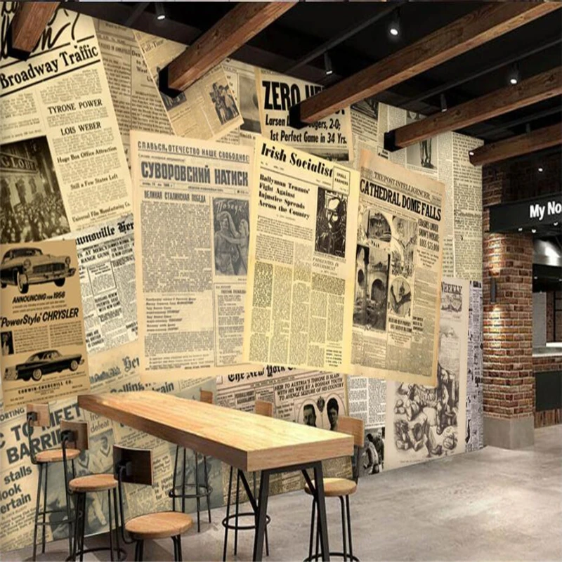 

beibehang Custom Wallpaper European and American Old Newspaper Bar Cafe Background Wall Decorative Painting
