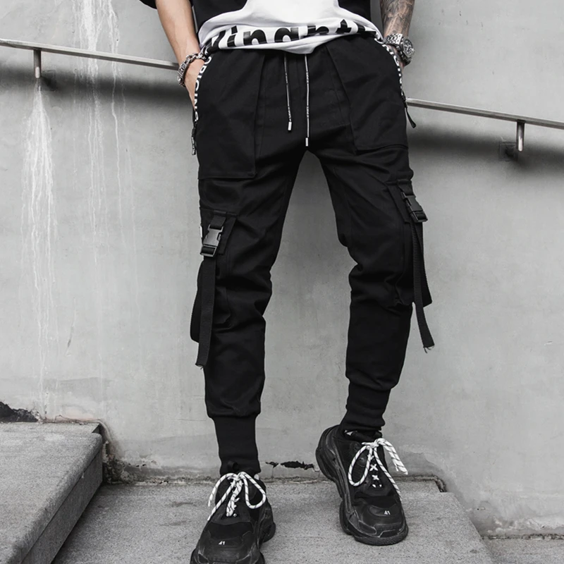 

New Side Print Zipper Pockets Men's Jogger Trousers Spring Hip Hop Harem Pants Fashion Ribbons Male Sweatpants Streetwear Pencil