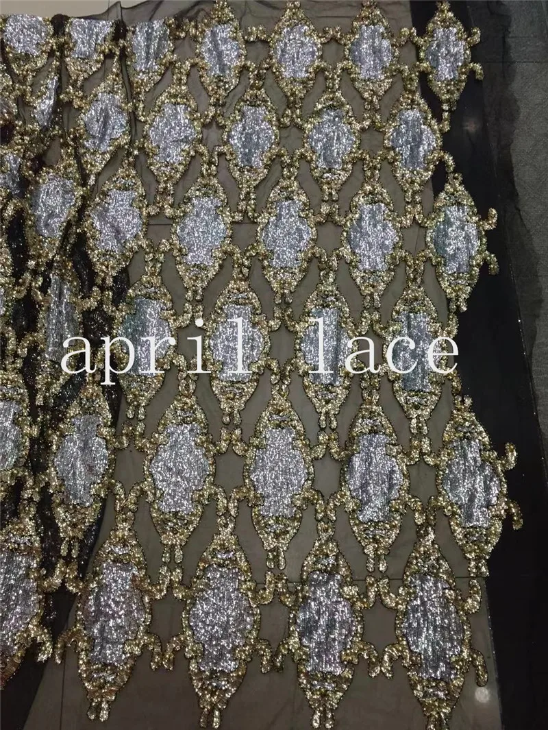 

stock ys03 # 5yards black mesh beads pearls sequin best quality paillette mesh lace fabric for bridal wedding dress