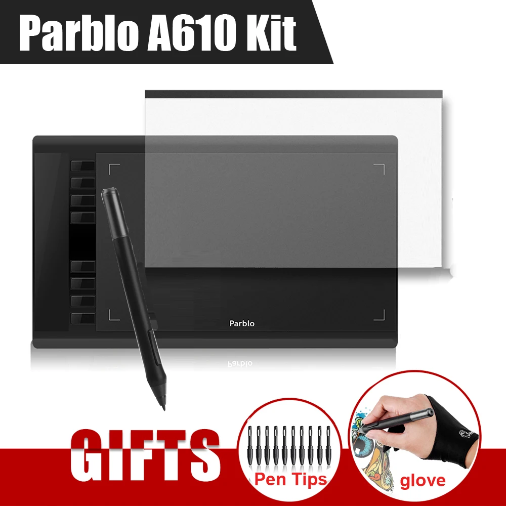 Prix pour Parblo A610 10x6 "Art Graphique Dessin Stylo Tablet Tablet Grafica 5080LPI + Film De Protection + Gant + 10 Stylo Conseils Prix pour Parblo A610 10x6 "Art Graphique Dessin Stylo Tablet Tablet Grafica 5080LPI + Film De Protection + Gant + 10 Stylo Conseils
