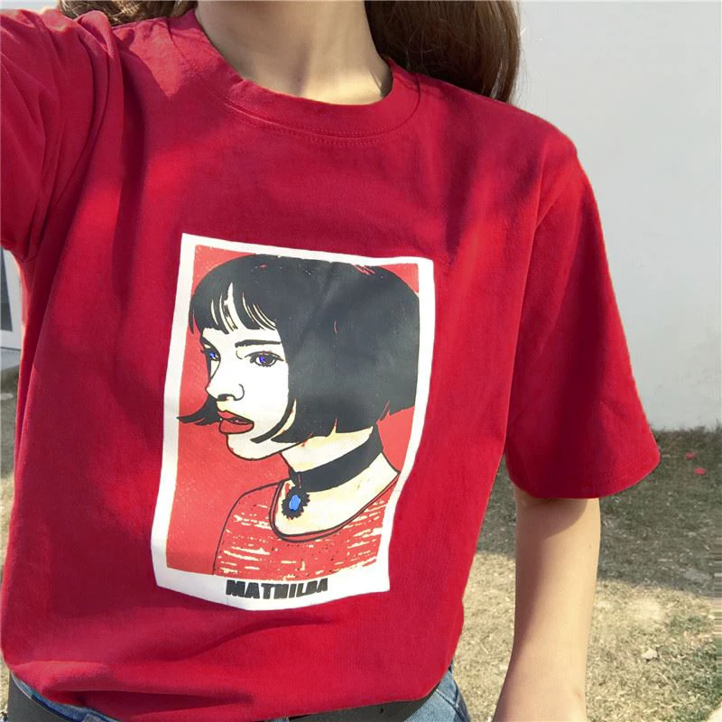 Kawii милый Mathilda Leon Профессиональный Весна и Лето Южная Корея ulzzang Harajuku стиль голова портрет свободная футболка femal