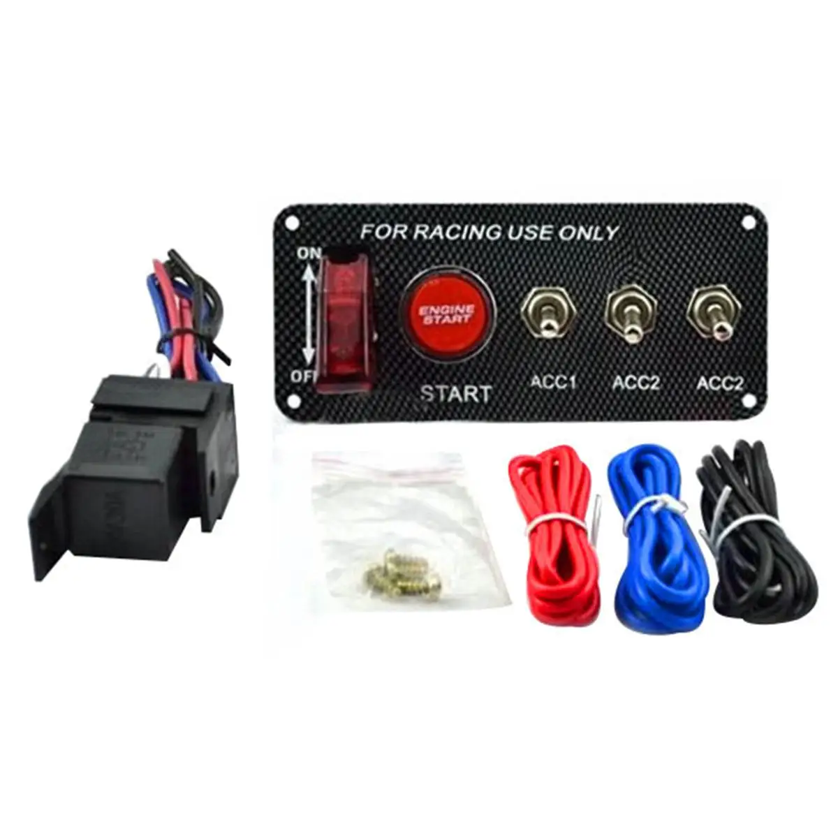 

Car Ignition Switch Auto Circuit Power Cut Off Engine Start Button 3 Toggle Switches Carbon Fibre Face Plate
