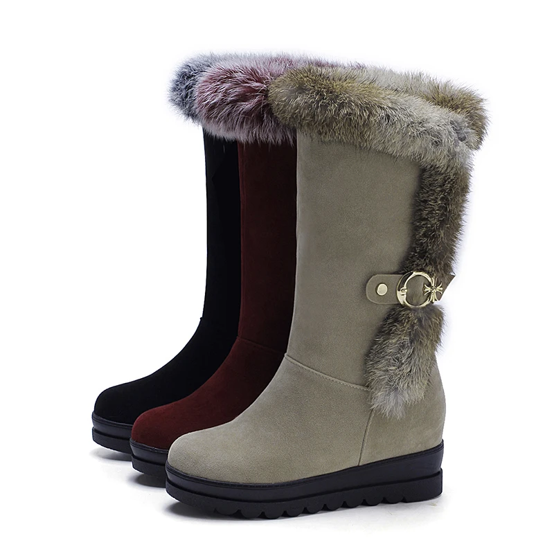 Chainingyee/теплые зимние ботинки из плюша; удобные ботинки до середины икры из нубука и кроличьего меха с ремешком и пряжкой на плоской подошве; женская обувь; большие размеры