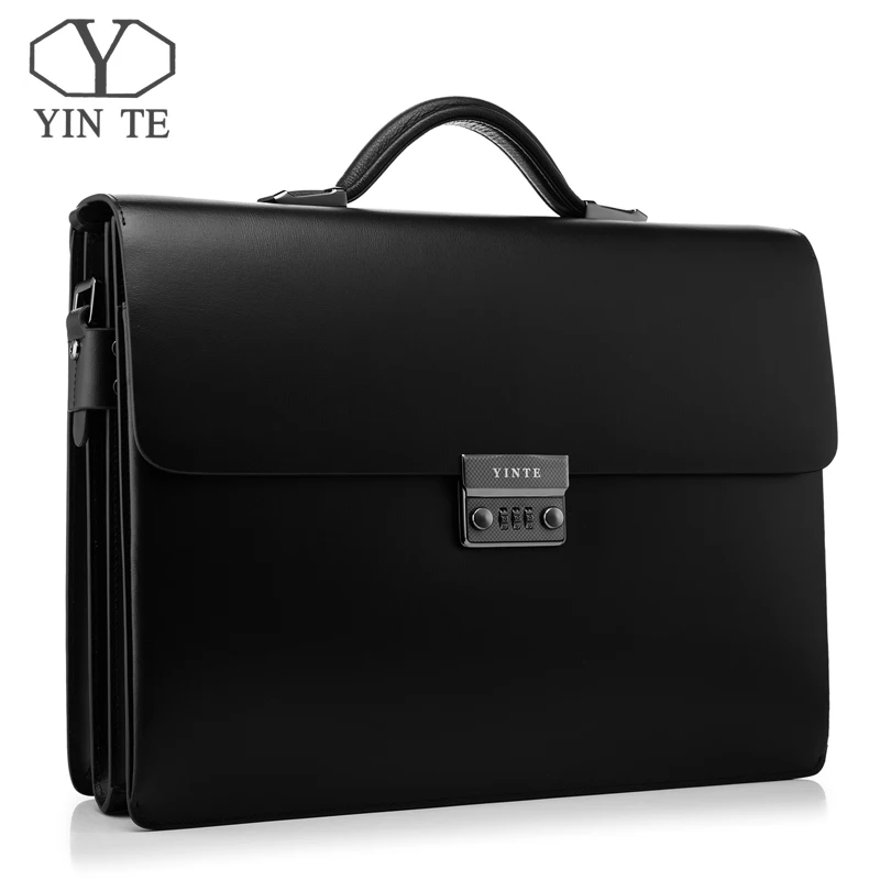 

YINTE Leather Black Bag Men's Briefcase Big And Thicker Attache Case Business Messenger Shoulder Lawyer Bag Men's Totes T8191-6