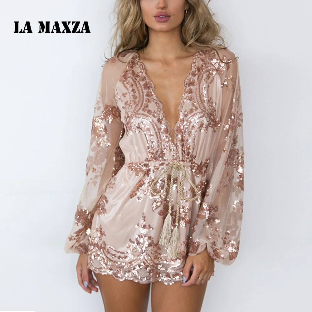 

Elegant V Neck Sequin Summer Romper Jumpsuit Woman 2018 Long Sleeve One Piece Bodies Woman Sexy Bandage Playsuit Women