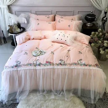 

Pink Princess 60S Egyptian cotton Rabbit Embroidery Girl Bedding sets Queen King Lace Duvet Cover Bed Sheet/Linen Pillowcases