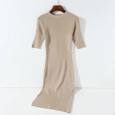 Элегантное осенне-зимнее длинное платье-свитер, платье карандаш, женское платье с круглым вырезом и рукавом средней длины, тонкое вязаное платье, женский джемпер, облегающее платье - Цвет: apricot