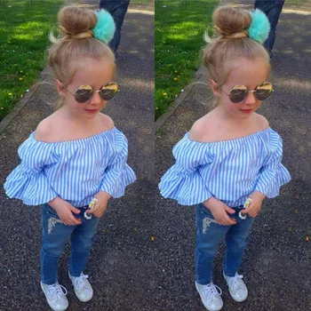 

2019 ins Autumn Spring Baby Girls Clothing Set Flaresleeve off shoulder Striped shirt Blouse+Jeans Denim Pants Girls Clothes