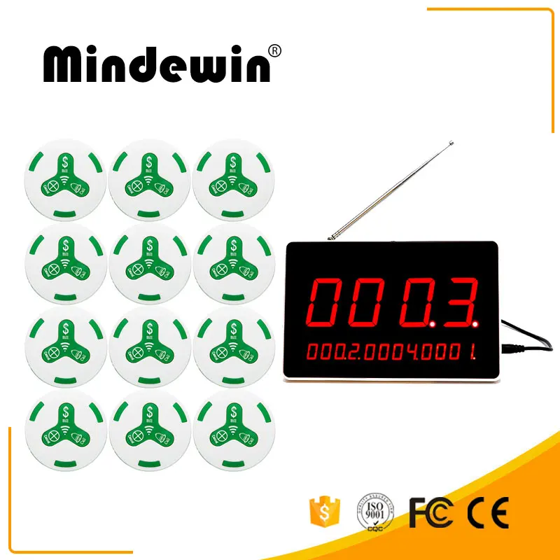 

Mindewin Restaurant Pager Wireless Calling System 12PCS M-K-1 Call Bell and 1PCS M-R-1 LED Display Show 4 Groups Call Numbers