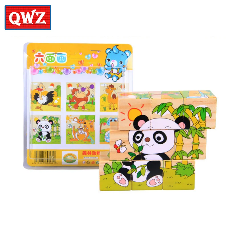 

QWZ 9pcs Single 3D Puzzle Wooden Cartoon Animal Puzzle Toys 6 Sides Wisdom Jigsaw Early Education Learning Toys For Child Game