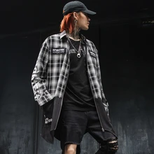 High street Хип-хоп мужская клетчатая рубашка на молнии с длинным рукавом большими карманами в стиле пэчворк свободный стильный Топ