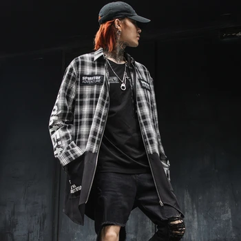 

High street hiphop Mens plaid shirt with zipper Long sleeve Big pockets Patchwork Loose stylish top