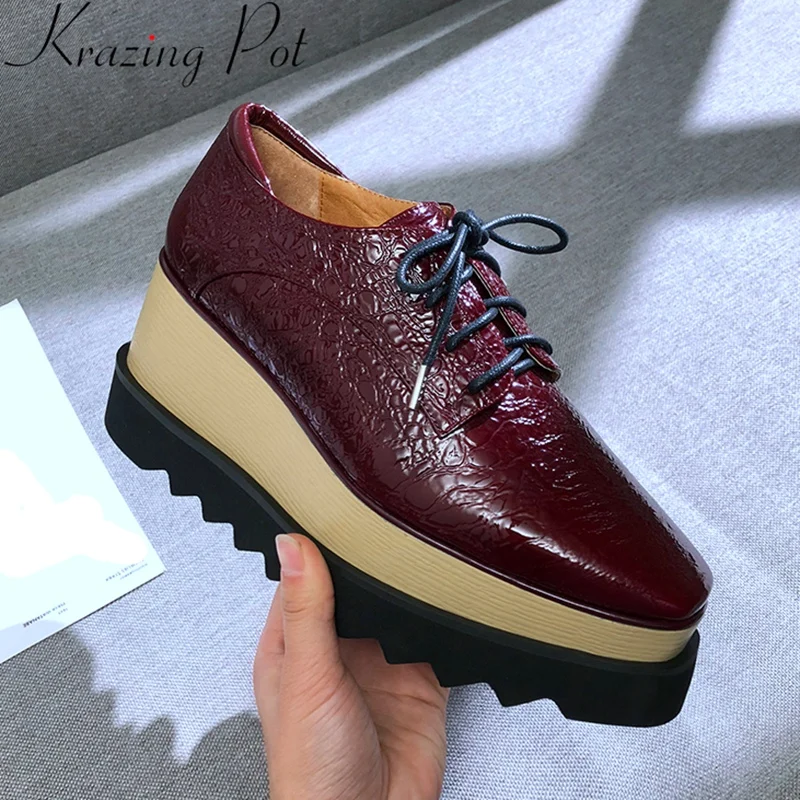 

2019 new cow leather square toe high heels lace up wedge women pumps solid party platform increasing superstar casual shoes L18