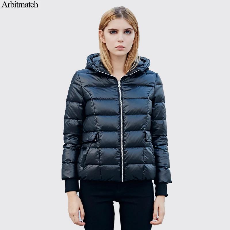 Arbitmatch Mulheres Jaqueta de Inverno 90% de Pato Branco Para Baixo Outwear Moda Com Capuz Bolso Com Zíper Grande Feminina Inverno Para Baixo Casaco Quente Curto