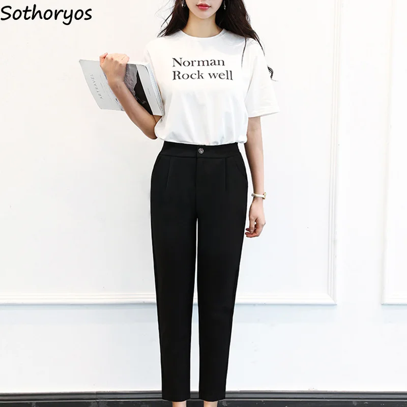 Pants Women Solid Casual High Button Trendy School Daily Simple Womens Ankle-Length Trousers Classic All-match Korean Style Soft