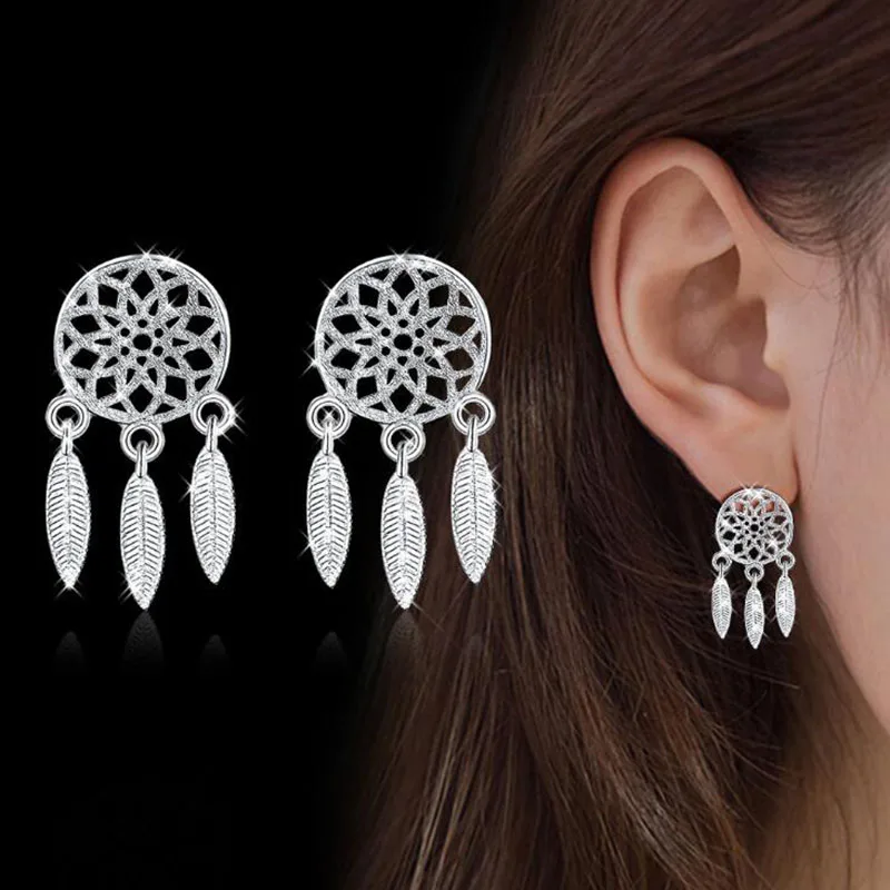 

925 Sterling Silver Boho Indian Feather Dream Catcher Dreamcatcher Stud Earrings For Women Jewelry Wholesale Free Shipping E565