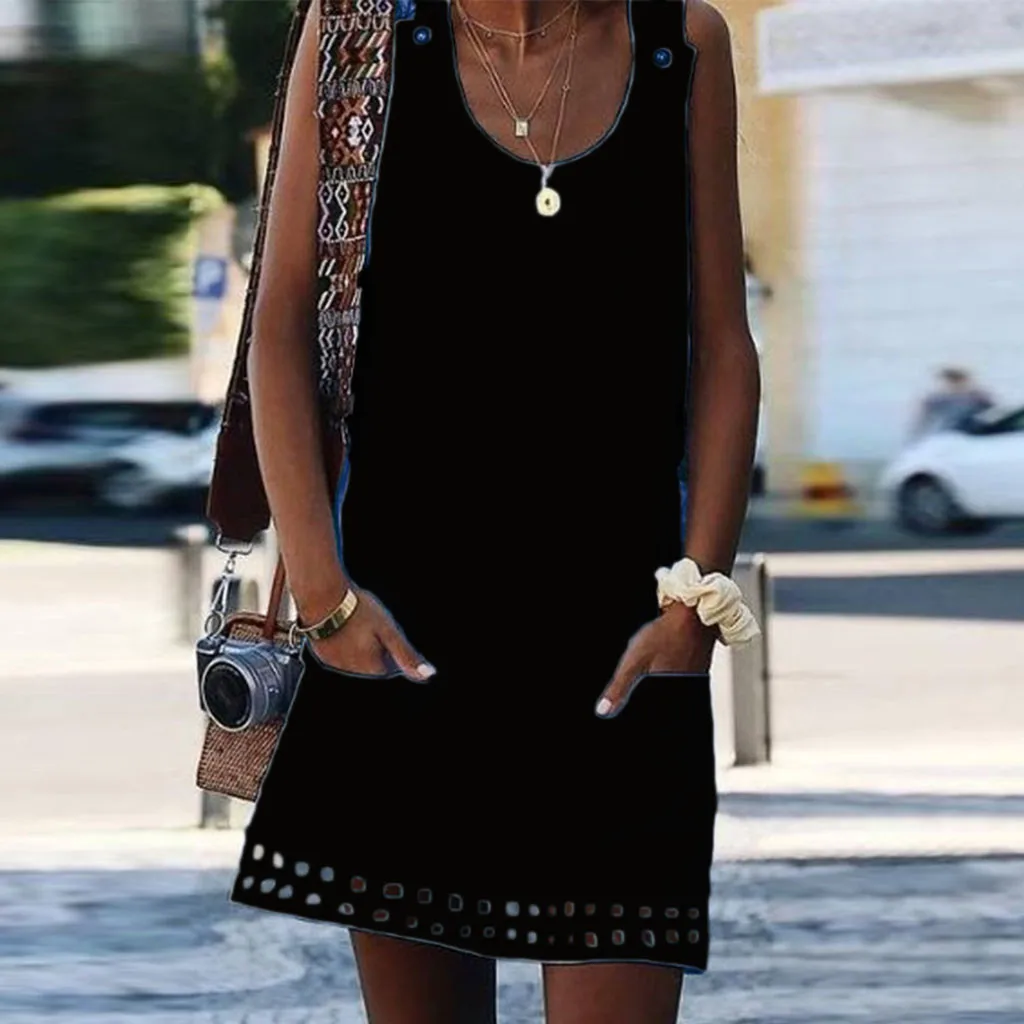

2019 Summer Straight Solid Dress Women Boho Casual Button Pockets Sleeveless Dress Beach Maxi Dresses Sundress Vestidos de festa
