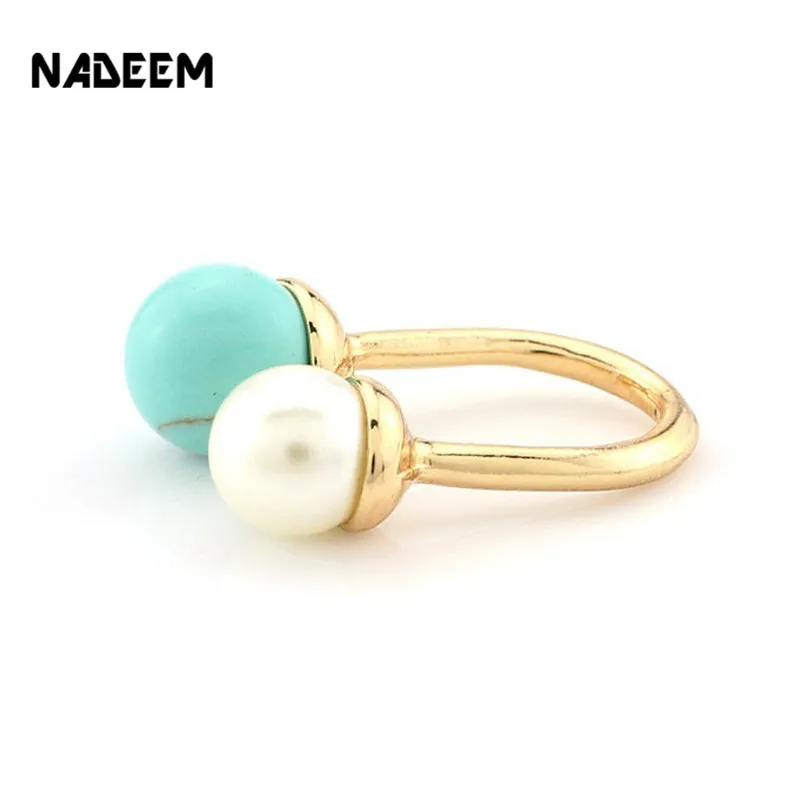 

Women Imitation Pearl Howlite Stone Finger Ring Adjustable Gold Color U Shape Opening Oval Ring for Women Costume Jewelry