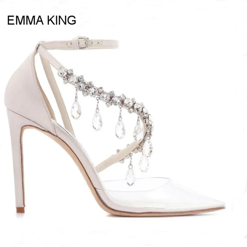 

Summer Sexy Pointed Toe Thin High Heels Women Pumps Crystal Transparent PVC Mujer Sandals Ankle Strap Sweet Ladies Wedding Shoes
