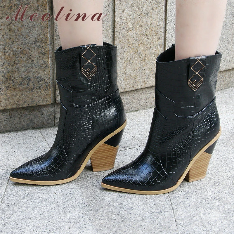 

Meotina Mid-calf Boots Brand Women Boots Autum Strange Style High Heel Western Boots Pointed Toe Shoes Female Winter Size 33-46