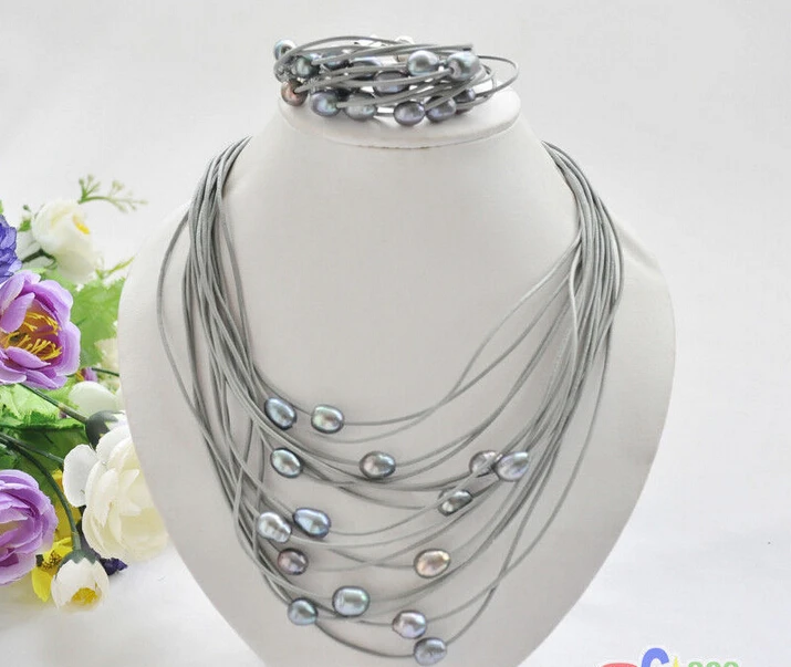 

P5222 15row 13mm black rice pearl gray leather necklace & bracelet ^^^@^Noble style Natural Fine jewe FREE SHIPPING