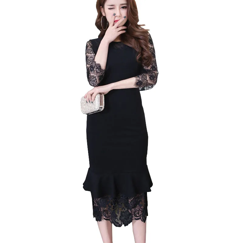 

Spring Autumn New Little Black Dress Tunique Female Sexy Crochet Lace Patchwork Half Sleeve Slim Mermaid Dresses To Party Roupa