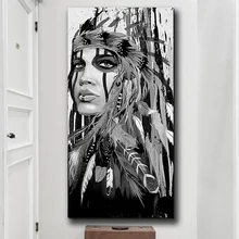 White and Black Native American Indian Girl Feathered Canvas Painting Posters And Prints Nordic Wall Picture for Home Decoration