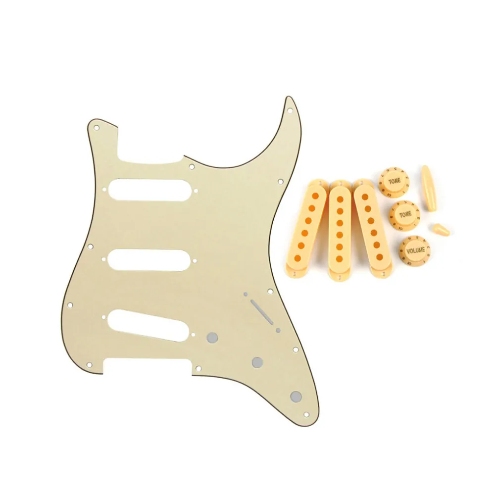 

FLEOR 1 Set of 11 Holes Strat SSS Guitar Pickguard Scratch Plate Cream w/ Single Coil Pickup Covers 2T1V Knobs Guitar Parts