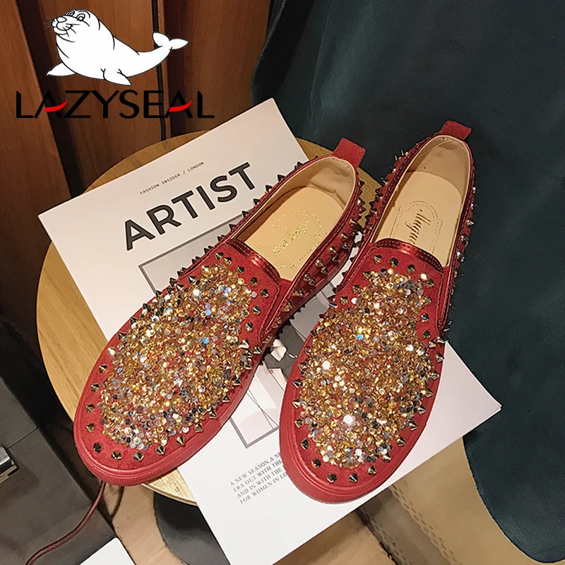 LazySeal Bling Women Flats Shoes Lovers Rivets PU Leather Loafers Woman Flat Heel Shoes Women Round Toe Mules For