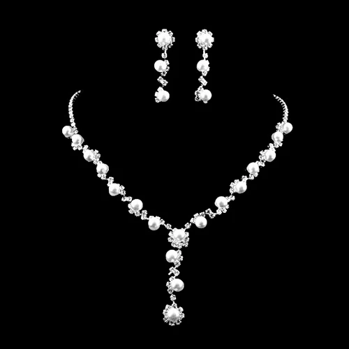 

Faux Pearl Clear Austrian Rhinestone Choker Necklace Earrings Jewelry Set for Girl Friend
