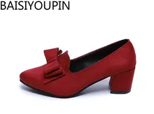 2018 Fsshion Womens Stilettos Sharp Heels Bows Women’s Single Shoe S Suede Middle Heels Womens Shoes Work Shoes, Size 34-41