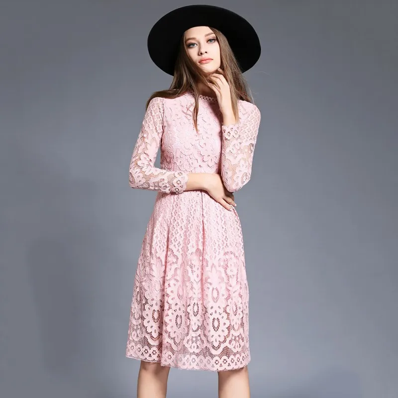 

New Fashion Women Bohemian Lace Autumn Dresses Crochet Casual Long Sleeve Plus Size Party Elegant Dress Clothing Vestido