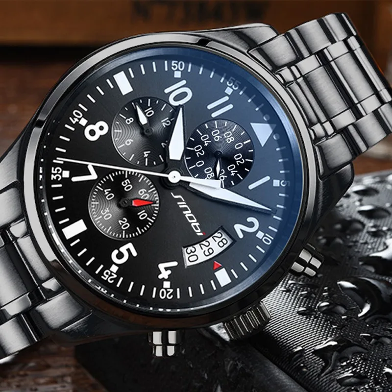 SINOBI Jam Tangan Chronograph pria Jam Tanggal Waterproof Quartz Perhiasan untuk Pria Sports Jam dengan Stainless Steel Penuh 2017