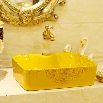

Bathroom ceramic above counter basin wash basin washbasin art basin Square yellow glaze and white handle gold peonies LO6181103