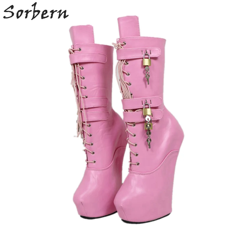 Sorbern/Сапоги до середины икры с замочком; Женская обувь в форме копыта; женские сапоги на толстом каблуке; обувь на очень высоком каблуке - Цвет: Розовый